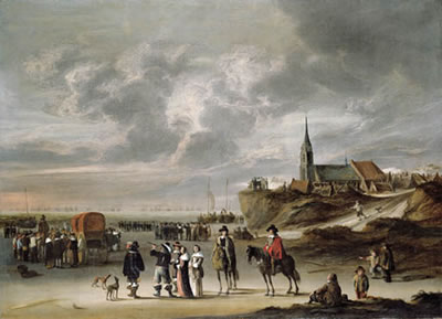 Elegant company on the beach ar Egmond aan Zee, a naval battle beyond