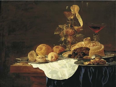 A pie on a silver plate, a lemon and peaches on a platter, with hazlenuts on a plate, a roemer and a glass of red wine on a partly-draped table
