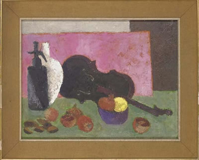 A violin, with onions, nuts, fruit, soda siphon and a bottle to the side