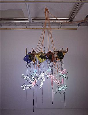 Two-Wheel wagon-wheel chandelier (Tongue Magnet, Bag of Tricks, Cum Craver, Lites Dainty, Hootchie, Pootie Poo, Illnana, Pink Mink, Dogs Mouth)