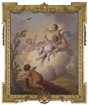 Putti playing with a teathered bird