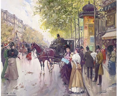 Elegant figures before a carriage, in a Parisian street