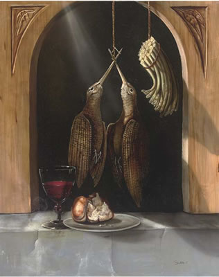 A brace of woodcock, asparagus, a glass of wine, with bread on a platter, in an alcove