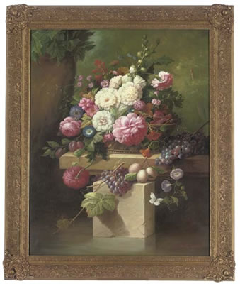 Pink peonies, morning glory, hollyhocks, plums and grapes, on a stone plinth, with a blue butterfly to the side; and Pink roses, Oriental poppy, lillies, morning glory, plums and grapes on a stone ledge, a white butterfly to the side (2)