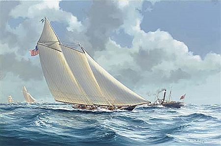 The schooner yacht America racing for the Hundred Guinea Cup, 22nd August, 1851 by William Henry Bishop - Auction record, sale price, and art valuation. Compare with similar artists and explore comparable artworks.