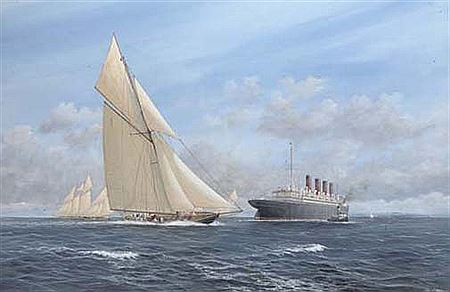Britannia crossing the stern of Mauretania