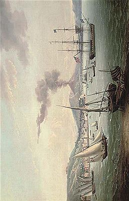 An English frigate amidst much activity in the Bay of Naples with Vesuvius erupting beyond