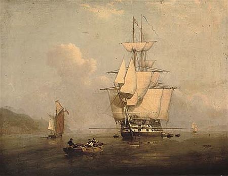 A two-decker drying her sails and airing ship, lying at anchor (illustrated); and A frigate in distress with a fishing boat going to her rescue (2)
