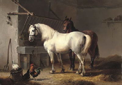 Horses and chickens in a barn interior