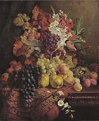 Flowers, fruit, a bullfinch and its nest