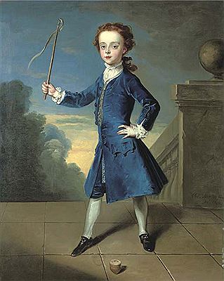 Portrait of a boy, full-length, in a blue coat, with a spinning top on a terrace