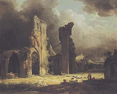 The ruins of Glastonbury Abbey, with figures and livestock in the foreground, and Glastonbury Tor beyond