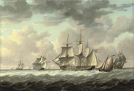 A frigate heaving-to in the Channel amidst other ships of her squadron
