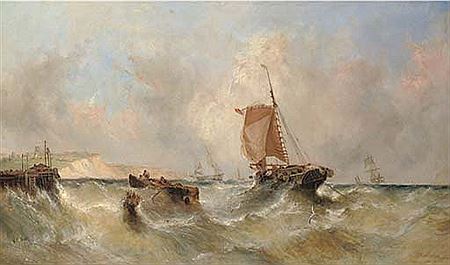 Hauling in the catch in a heavy swell off Dover, with busy Channel traffic beyond