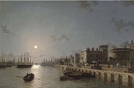 View of the Thames by moonlight, towards London Bridge, with the Tower of London and Traitors' Gate in the foreground by Henry Pether - Auction record, sale price, and art valuation. Compare with similar artists and explore comparable artworks.