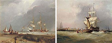 Pair: Shrimpers off Holyhead; and Homeward Bound: a Dutch East Indiaman firing a salute to announce her arrival as she enters the Maas estuary