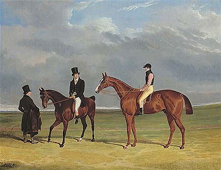 The Colonel with William Scott up and John Scott on a dark bay hack, with groom, Doncaster racecourse beyond