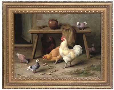 A cockerel, hens and pigeons feeding by a table