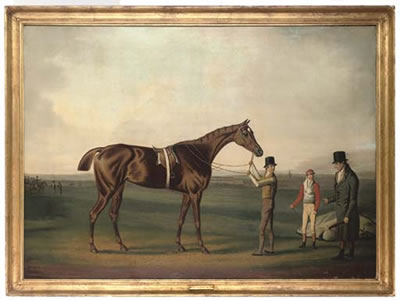 A racehorse in an extensive landscape, with a jockey, groom and trainer, a racecourse beyond