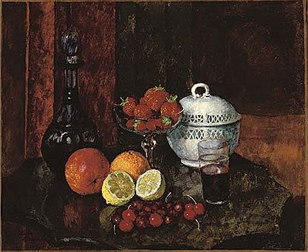 Still life with Strawberries, Cherries and a blue Decanter by Ilya Ivanovich Mashkov - Auction record, sale price, and art valuation. Compare with similar artists and explore comparable artworks.