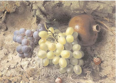 Still life of white and red grapes, a pomegranate and strawberries on a mossy bank by Frederick Thomas Baynes - Auction record, sale price, and art valuation. Compare with similar artists and explore comparable artworks.