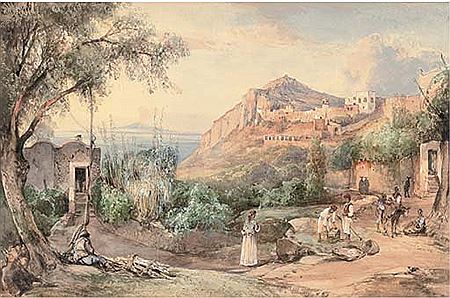 Figures resting at sunset, Capri; and Figures crossing a bridge by a shrine (2)