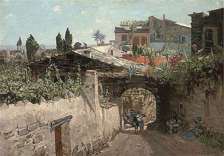 A man with his donkey leaving a southern Italian town