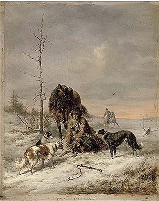 Russian huntsmen in the snow
