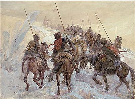 The Russian Front, a Cossack convoy under fire