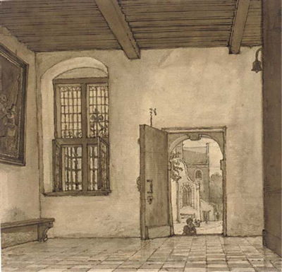 The interior of a house, with an open door showing the street beyond
