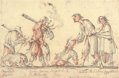 Caricature of the artist returning from the wars to be greeted by the painter Francesco Furini