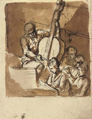 Musicians playing the double bass, flute and keyboard, and singing