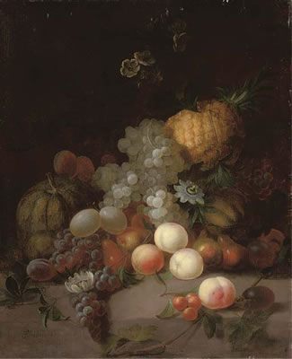 A pineapple, a watermelon, grapes, pears, peaches and other fruits with flowers on a stone ledge by Joseph Rhodes - Auction record, sale price, and art valuation. Compare with similar artists and explore comparable artworks.