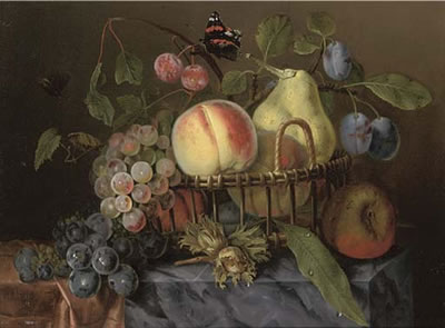 A pear, peaches, plums and grapes in a wicker basket, with a butterfly on a partly-draped marble plinth