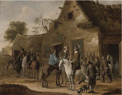 A hawking party at rest by an inn