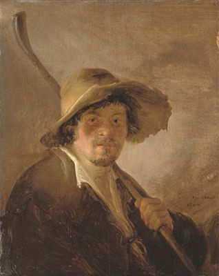 A shepherd in a wide brimmed hat holding a crook