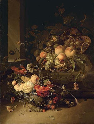 Peaches, grapes, walnuts and wild blackberrries in a basket on a stone plinth and roses, morning glory and carnations in a stone urn, by a window, with a butterfly by Jacob van Walscapelle - Auction record, sale price, and art valuation. Compare with similar artists and explore comparable artworks.