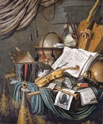 A vanitas still life of a globe, a casket of jewels and medallions, books, a hurdy-gurdy, a bagpipe, a lute, a violin, a silver tazza, a roemer, a nautilus shell, a recorder, a shawn, a print with a s