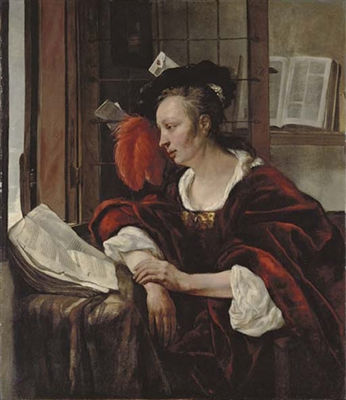 A woman in a red velvet dress and wearing a black velvet beret with red feather plume