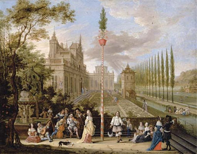 Elegant company making music with a lady and a gentleman dancing around a maypole, a palace with an ornamental garden beyond by Pieter Gysels - Auction record, sale price, and art valuation. Compare with similar artists and explore comparable artworks.