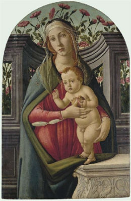 The Madonna and Child, with a pomegranate, in an alcove with roses behind