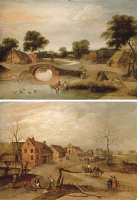 Summer: A landscape with peasants dipping sheep in a river; Winter: A village scene with peasants felling trees (a pair) by Jacob Grimmer - Auction record, sale price, and art valuation. Compare with similar artists and explore comparable artworks.