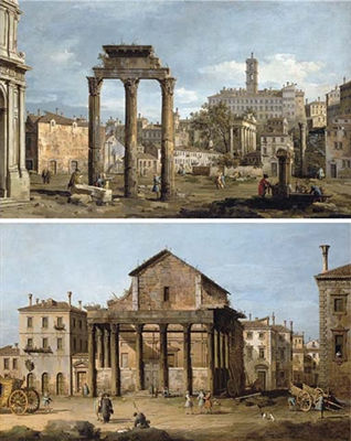 Rome - The Forum with the Temple of Castor and Pollux; The Temple of Antoninus and Faustina in the Forum (a pair)