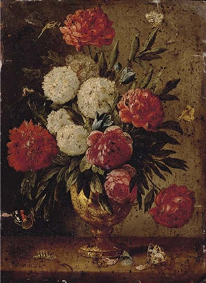 Roses, carnation, morning-glory and other flowers with ants in a gold sculpted urn