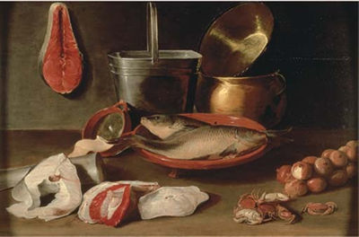Bream in a stoneware bowl with onions, crabs, fish filets, a bucket and copper pots on a ledge