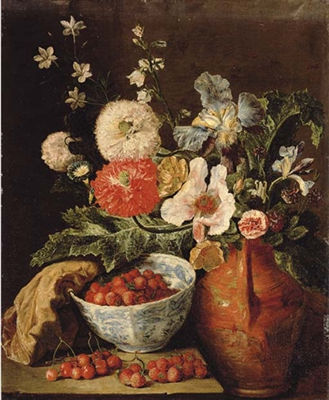 Wild strawberries in a blue and white porcelain bowl, flowers in an earthenware jug by Pieter Snyers - Auction record, sale price, and art valuation. Compare with similar artists and explore comparable artworks.
