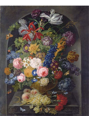 Roses, carnations, tulips and other flowers in a gold sculpted urn with peaches