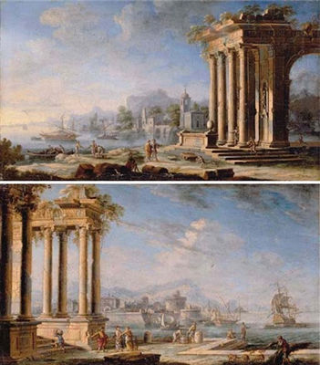 Italianate coastal landscapes with figures by classical ruins and shipping off the shore by Gennaro Greco - Auction record, sale price, and art valuation. Compare with similar artists and explore comparable artworks.