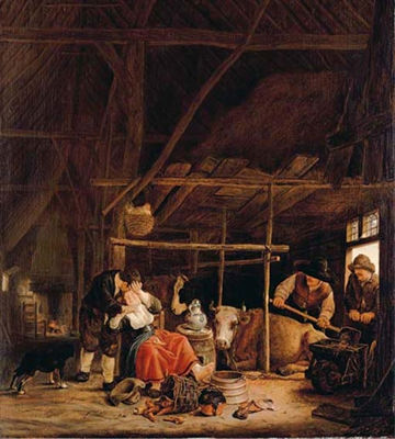 An amorous couple in a barn with herdsmen at the door
