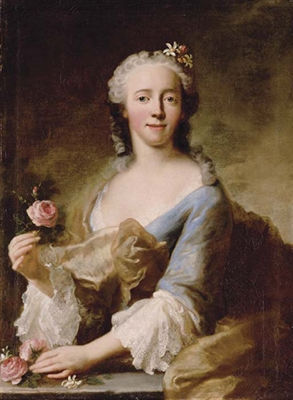 Portrait of a lady in a blue dress with white lace sleeves and trimming, holding a pink rose in each hand